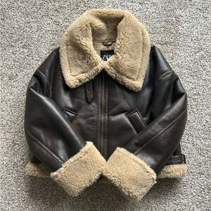 Zara Brown Faux Leather Jacket with Fur Trim - LIKE NEW